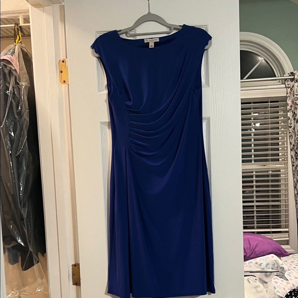 Blue Draped Cap-Sleeve Women's Dress